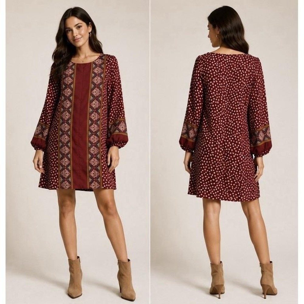 Peppermint Burgundy Boho Shift Dress Balloon Sleeve Printed Womens Size M